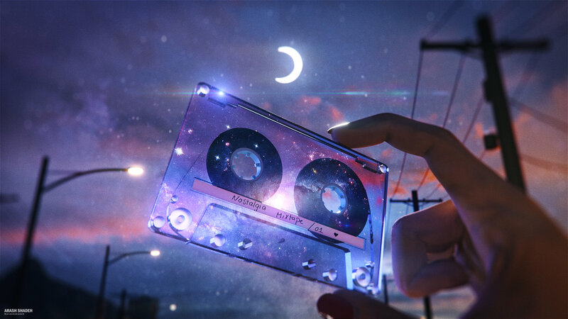 Hand Holding Cassette Tape — Purple, Nostalgic