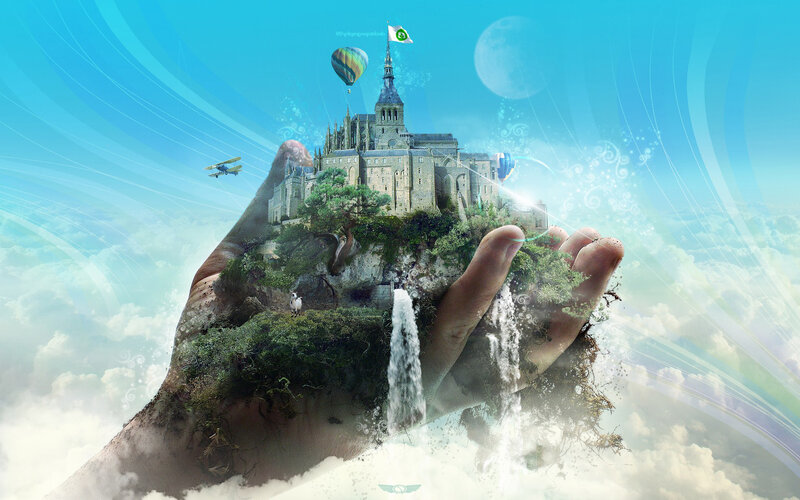 Hand Holding Castle Island — Blue