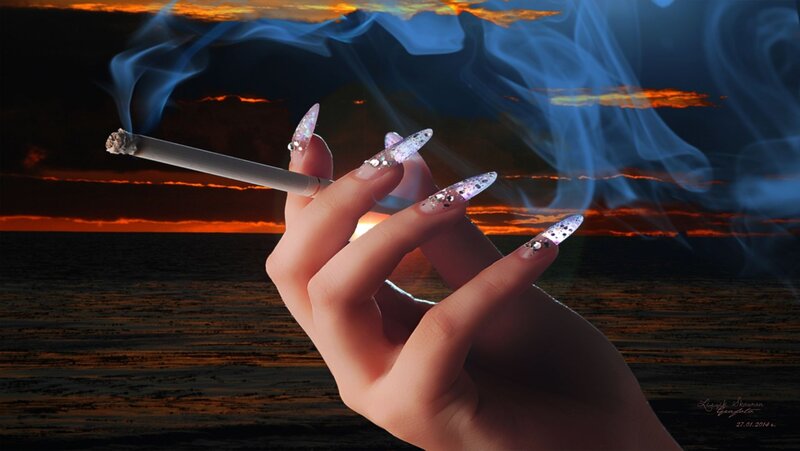 Hand Holding Cigarette — Blue