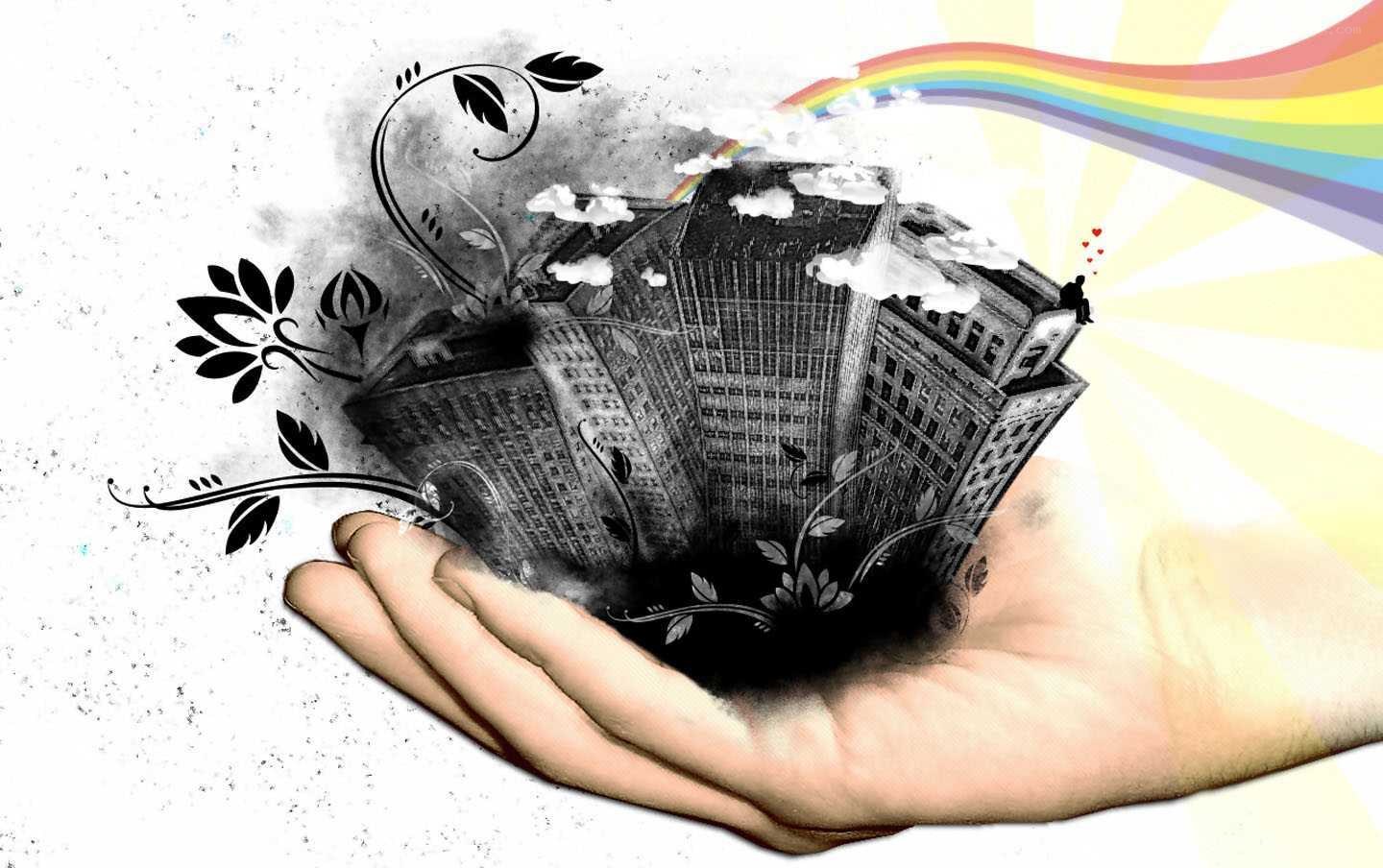hand holding city with rainbow