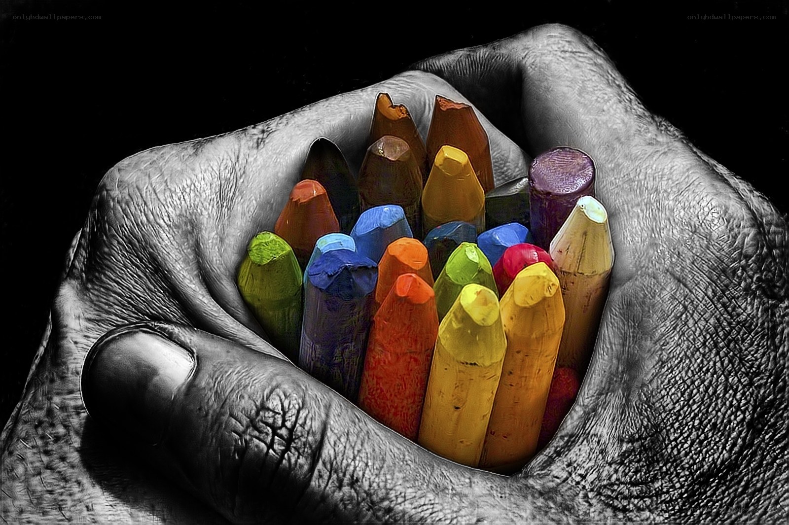 Hand holding colorful crayons