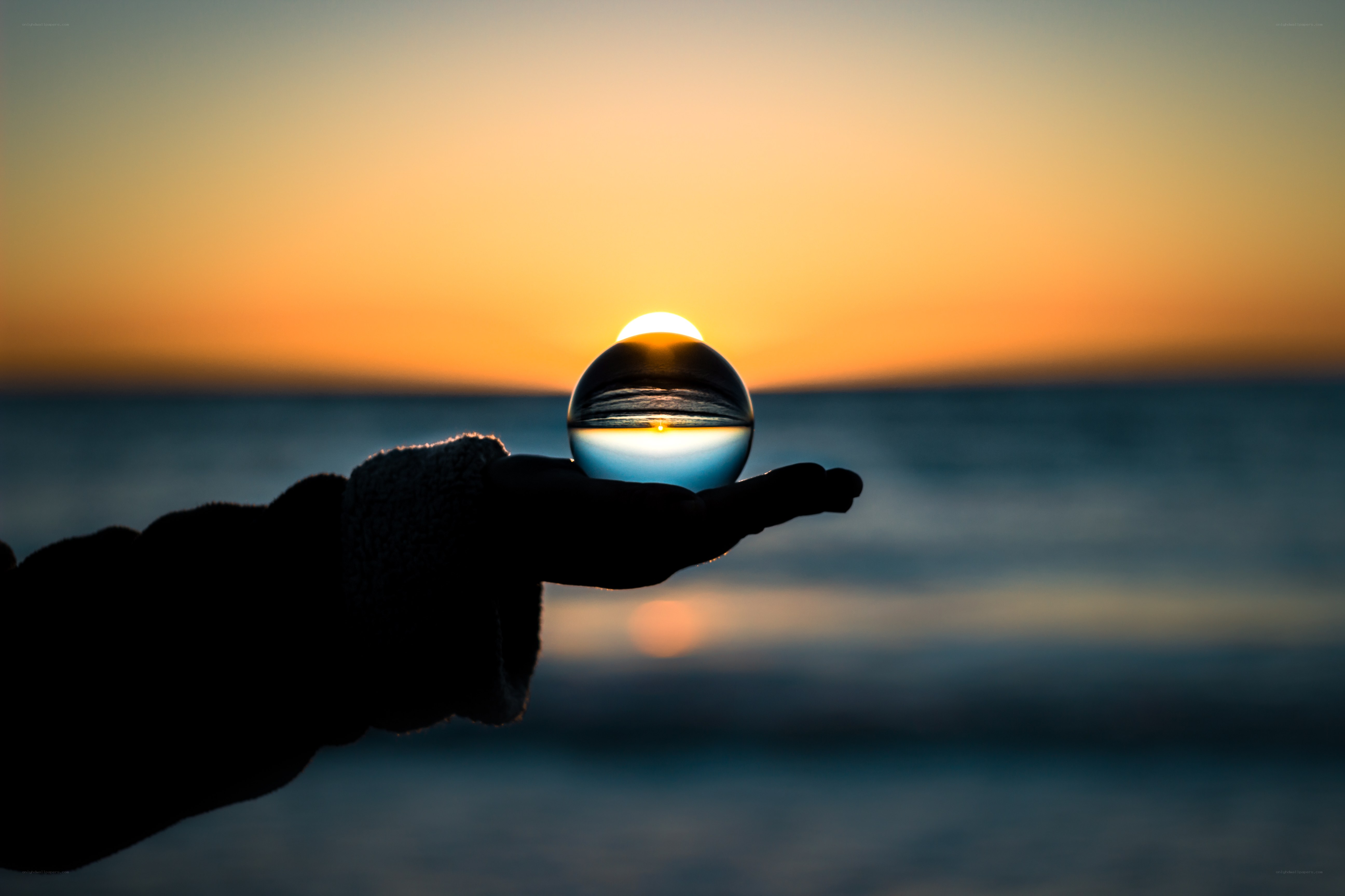Hand holding crystal ball at sunset