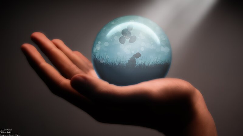 Hand Holding Crystal Ball — Blue, Dramatic, Digital Art