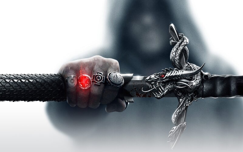 Hand Holding Dragon Sword — Black, Dramatic, Digital Art, Rings