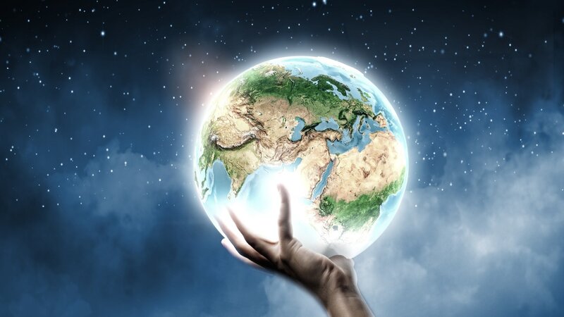 Hand Holding Earth — Blue, Dramatic, Night, Digital Art, Stars