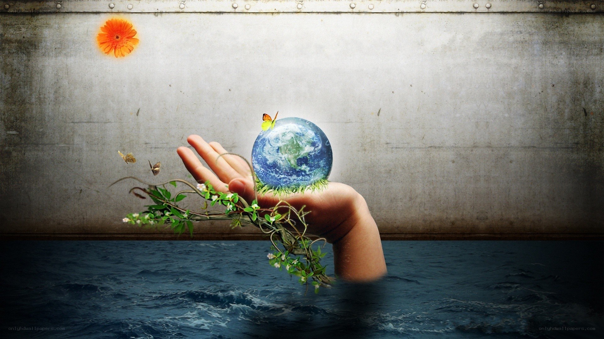 hand holding earth in water