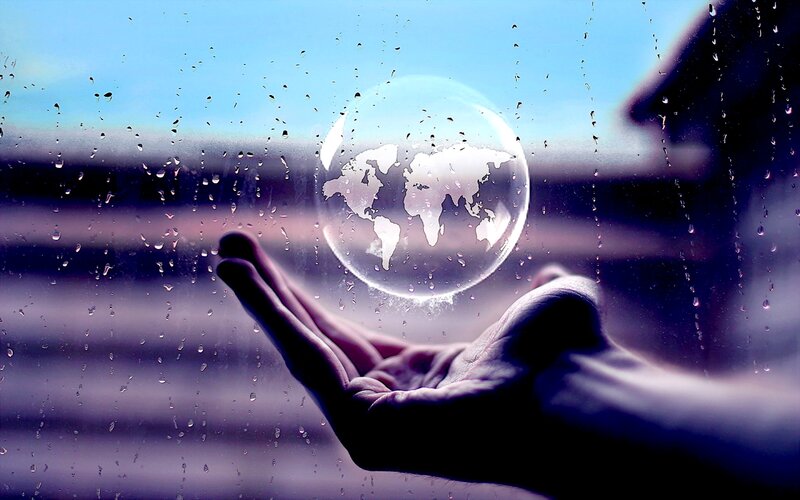 Hand Holding Globe — Blue, Dramatic, Digital Art