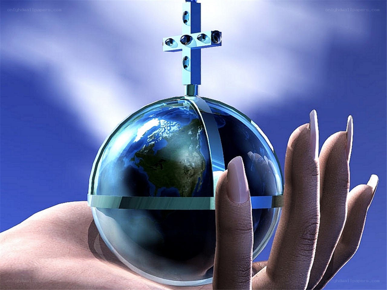 hand holding globe with cross