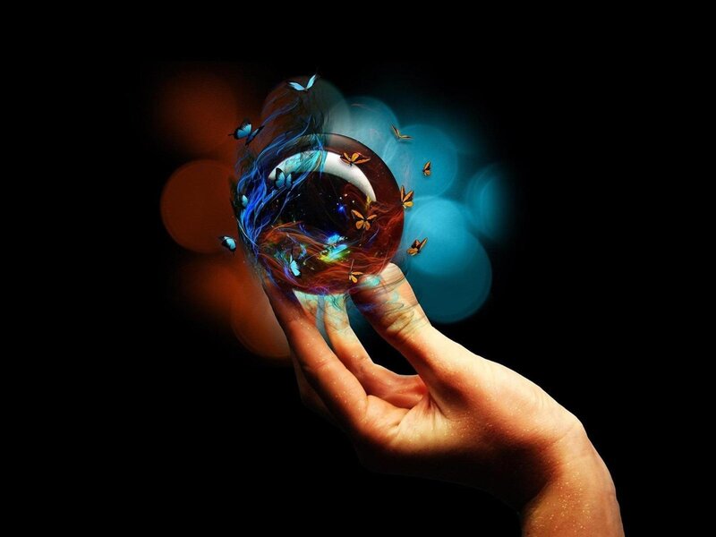 Hand Holding Glowing Orb — Black, Mystical, Digital Art