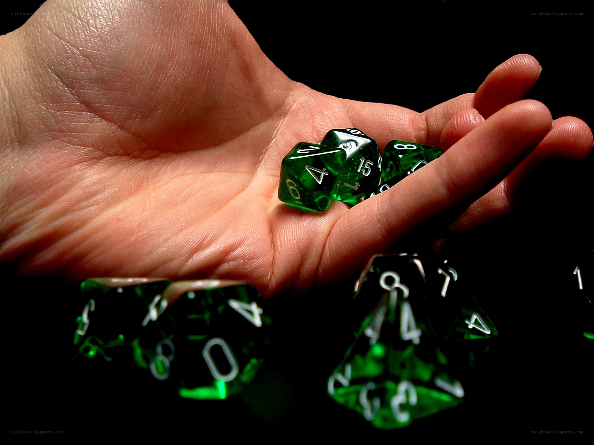 Hand holding green dice