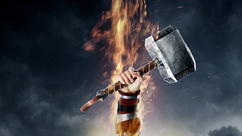 Hand Holding Hammer — Black, Dramatic, Digital Art, Flame, Sky