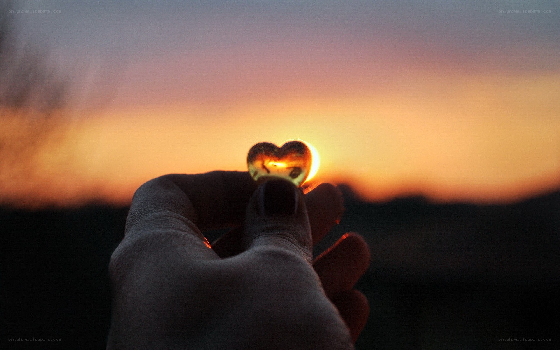hand holding heart at sunset