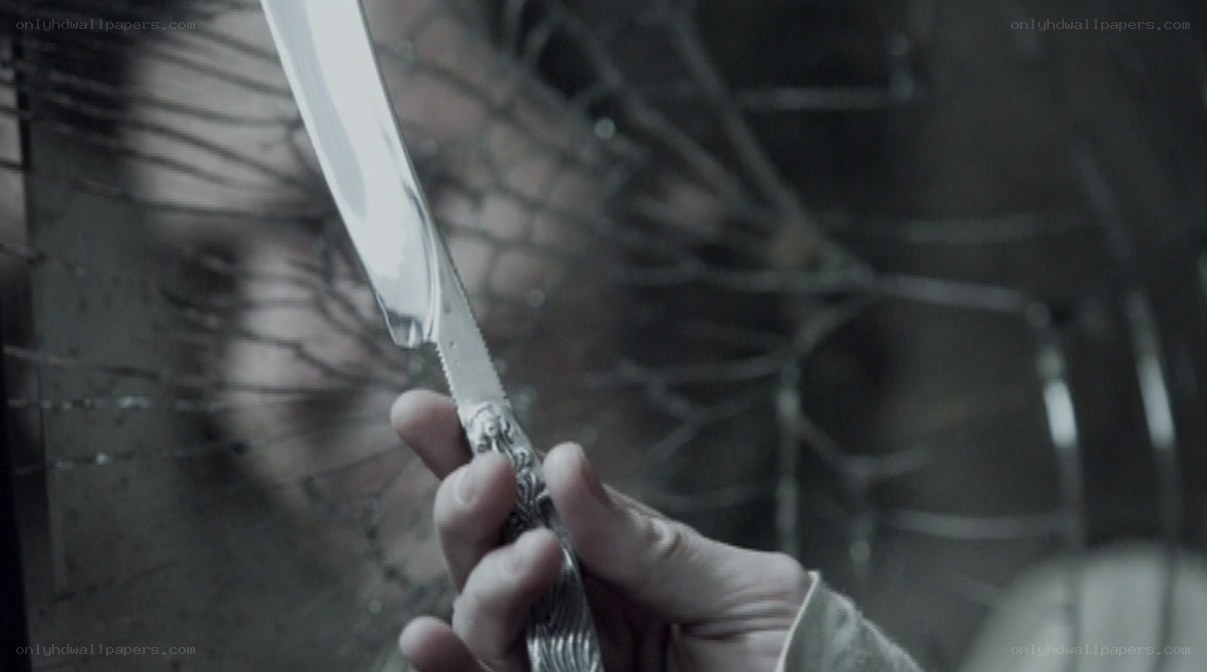 hand holding knife behind glass