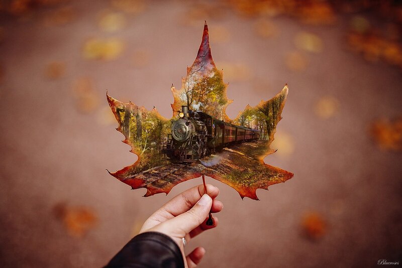 Hand Holding Leaf with Train