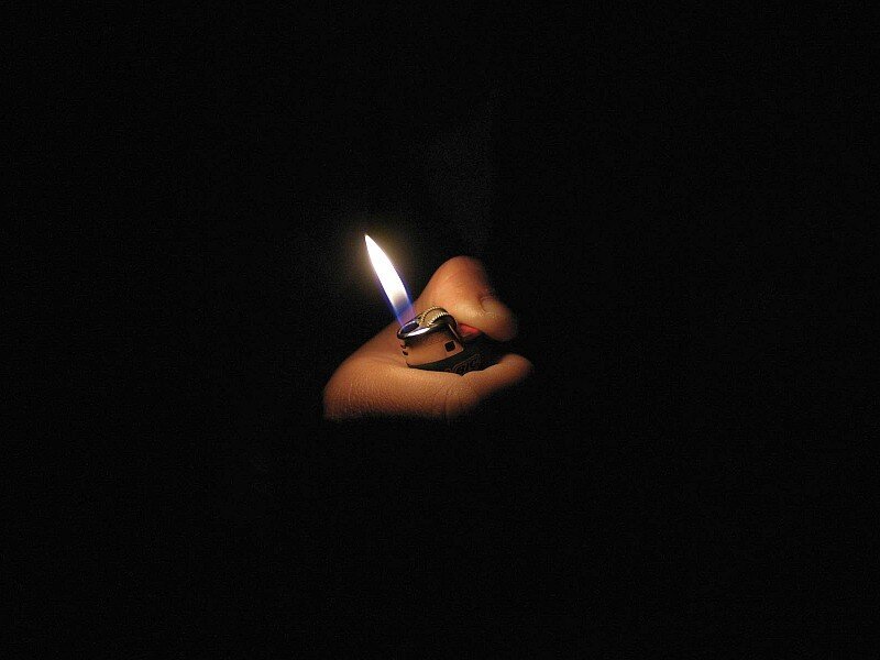 Hand Holding Lighter — Black, Dramatic, Night, Photograph, Flame, White, Blue