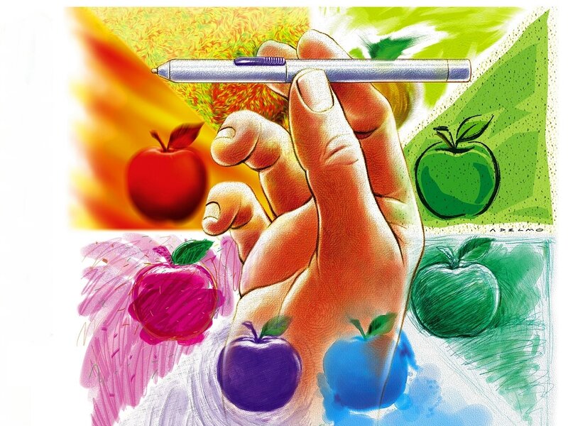 Hand holding pen with colorful apples