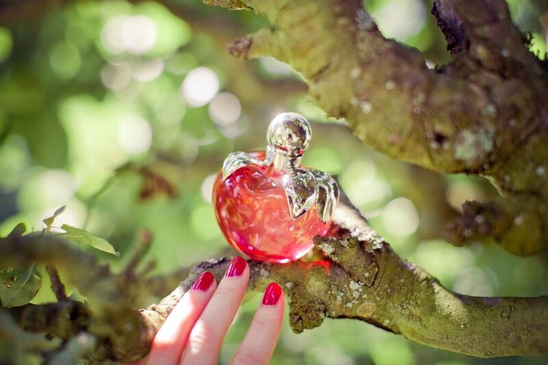 Hand Holding Perfume Bottle — Red