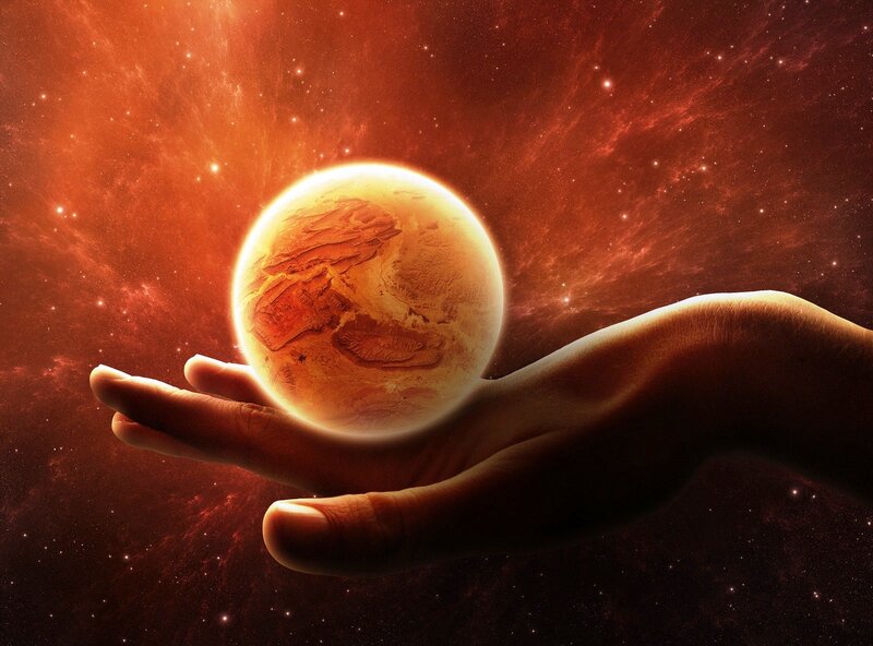 Hand Holding Planet — Red, Dramatic, Digital Art