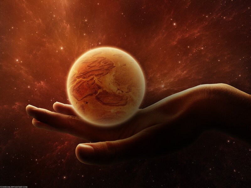 Hand Holding Planet — Red, Dramatic, Night