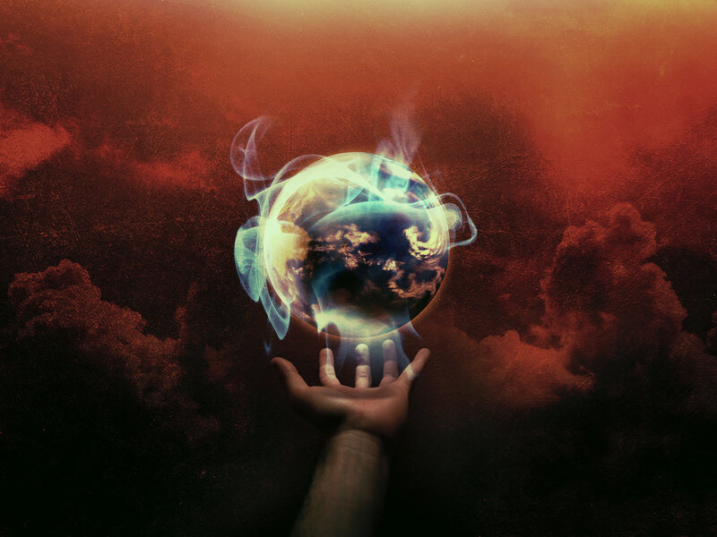 Hand Holding Planet — Red, Dramatic