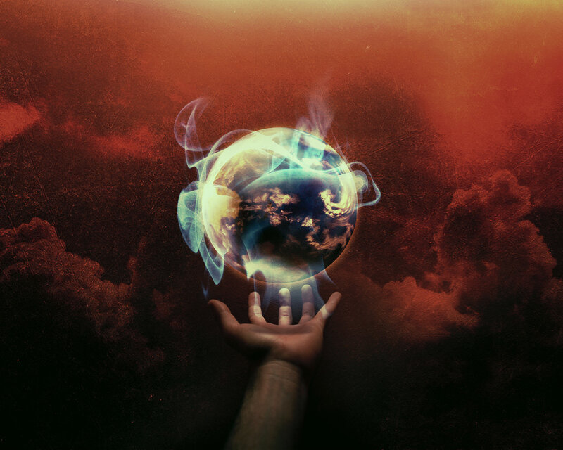 Hand Holding Planet — Red