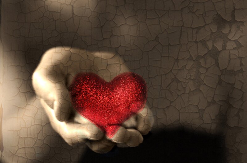 Hand Holding Red Heart — Dramatic, Digital Art, Cracked Surface