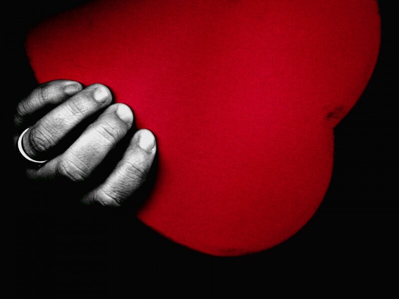 Hand Holding Red Heart — Dramatic, Photograph, Ring