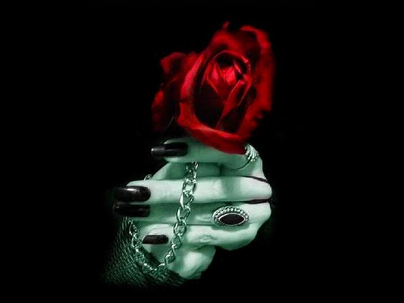Hand Holding Red Rose — Black, Dramatic, Night, Digital Art