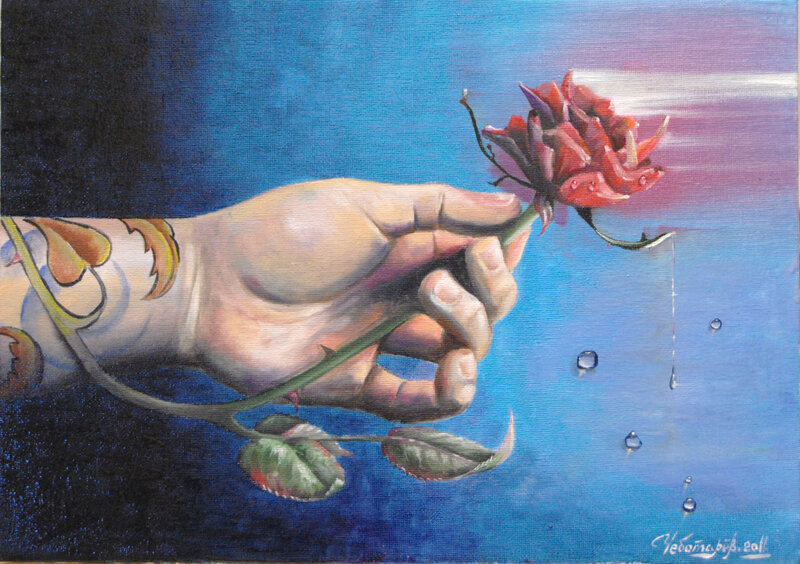 Hand Holding Rose — Blue, Dramatic