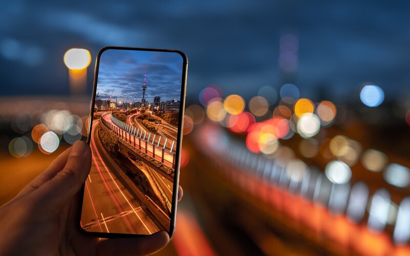 Hand Holding Smartphone — Blue, Dramatic