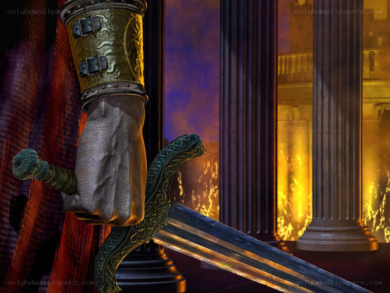 hand holding sword in burning temple