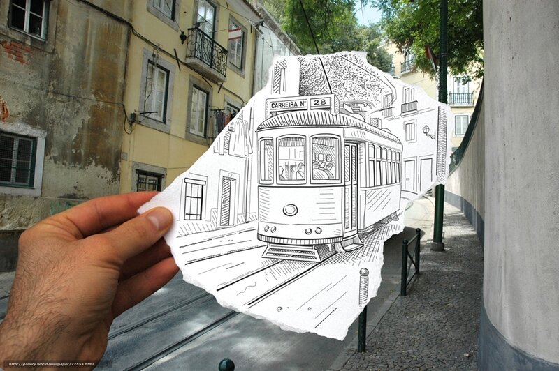 hand holding tram drawing