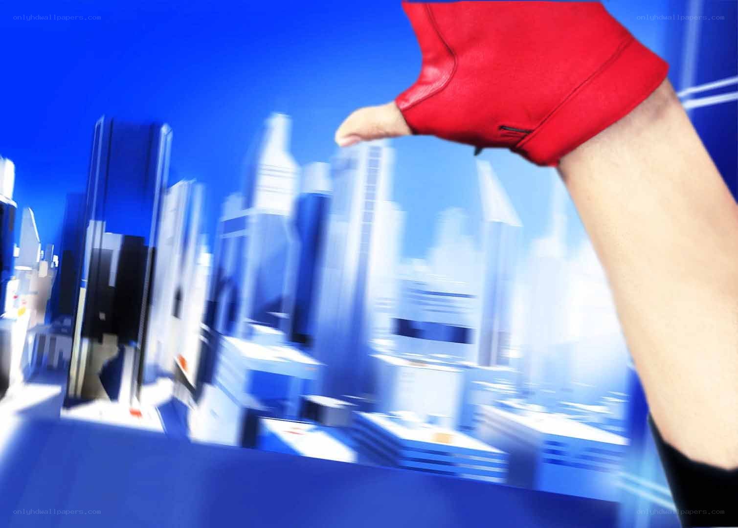 hand in red glove over city