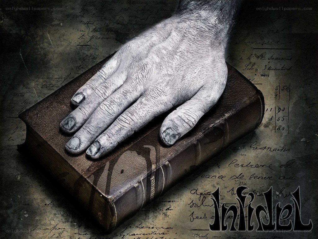Hand on a book with 'Infidel' text