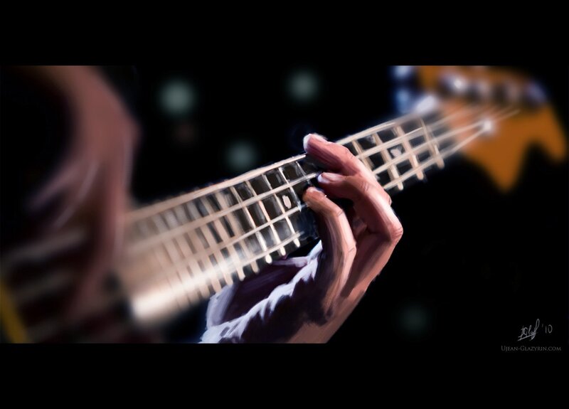 Hand on Bass Guitar — Black, Dramatic