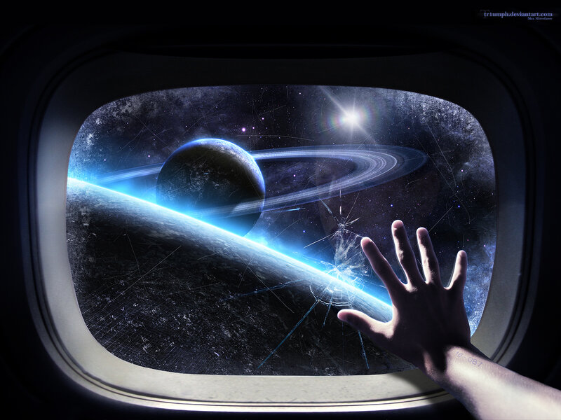 Hand on Spaceship Window — Blue, Dramatic