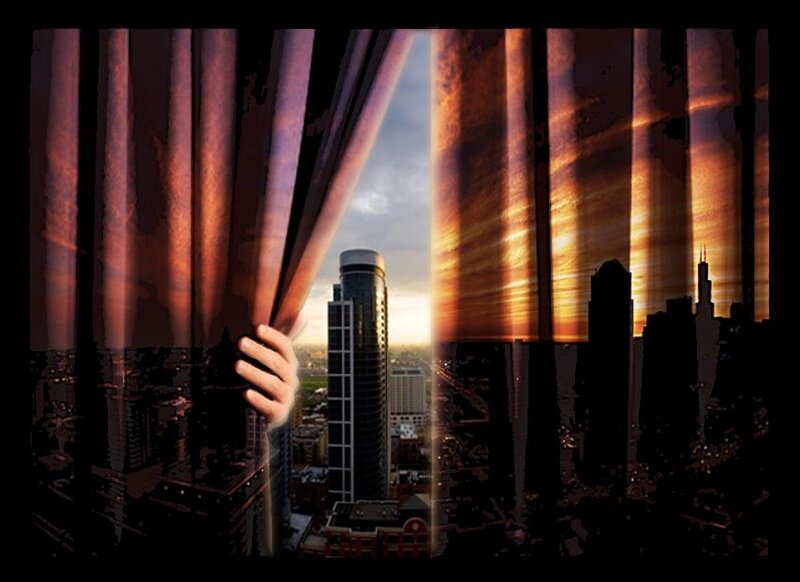 hand opening curtains to city view