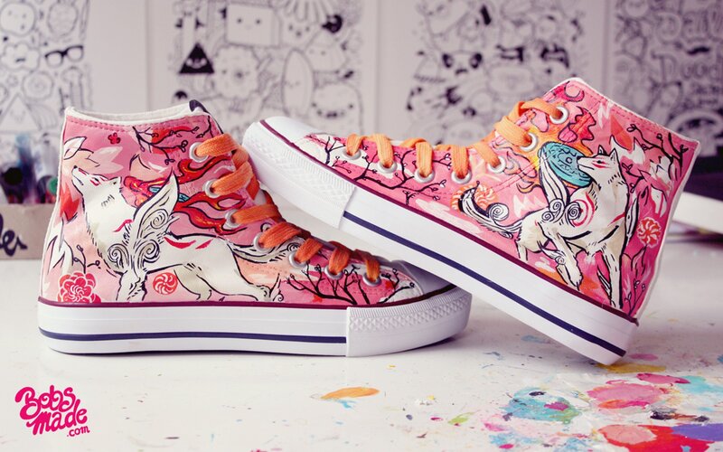 hand-painted sneakers with fox art
