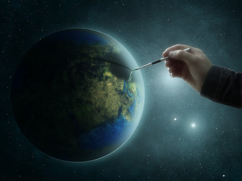 Hand Painting Planet Earth — Blue, Digital Art