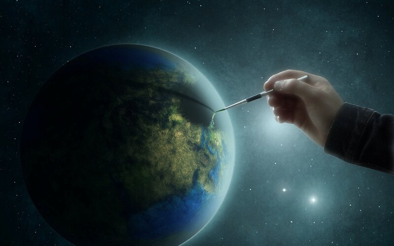 Hand Painting Planet Earth — Blue, Paintbrush