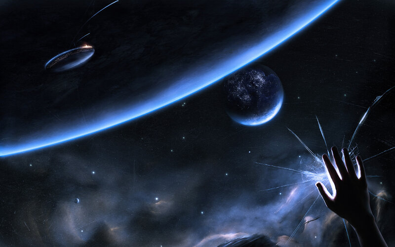 hand reaching for alien planet