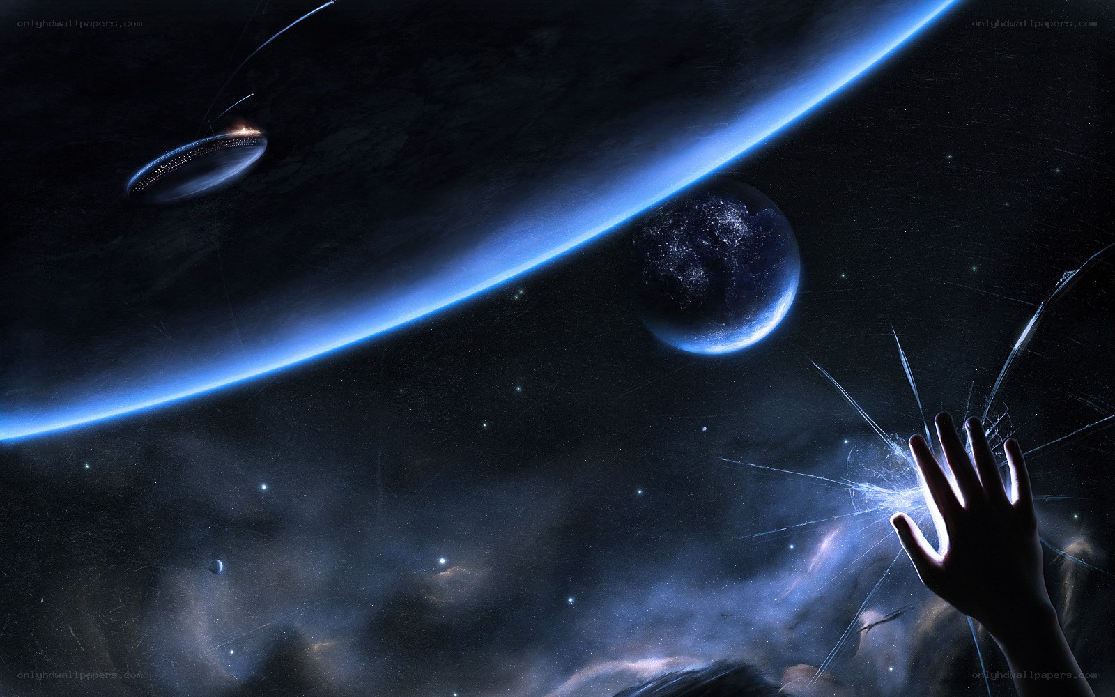hand reaching for alien planet