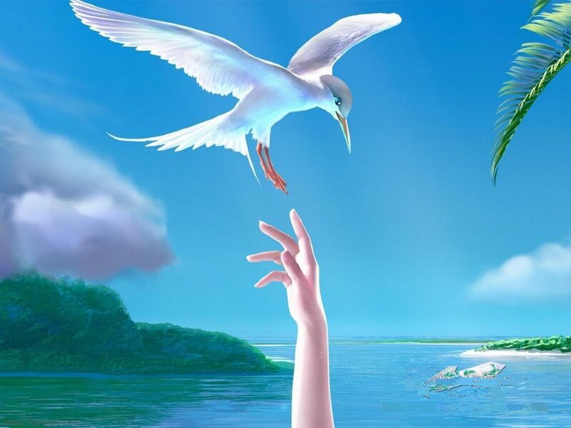 Hand Reaching for Bird — Blue