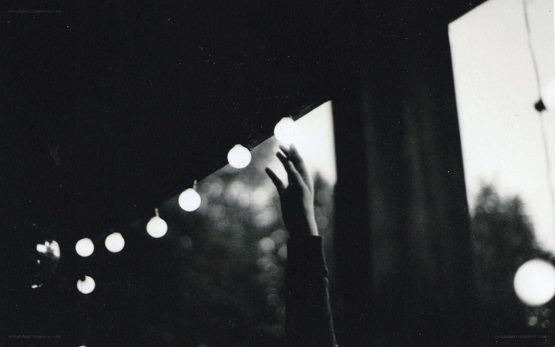 hand reaching for string lights