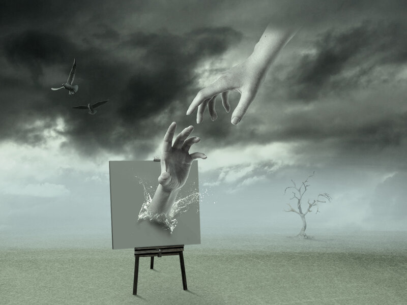 Hand reaching from painting