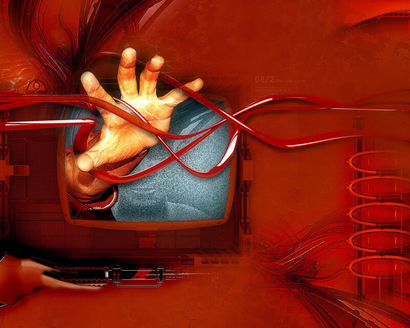 hand reaching through digital screen