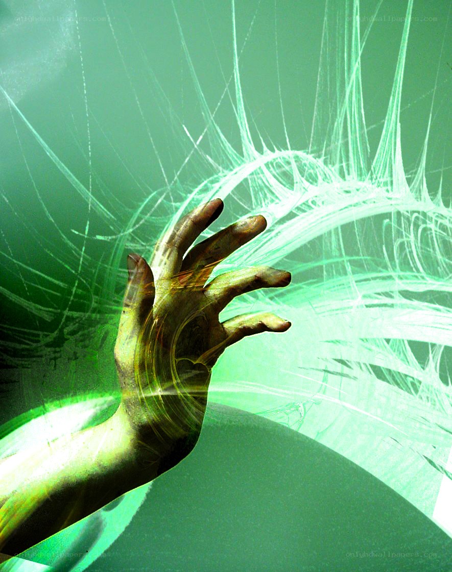 hand reaching through green energy