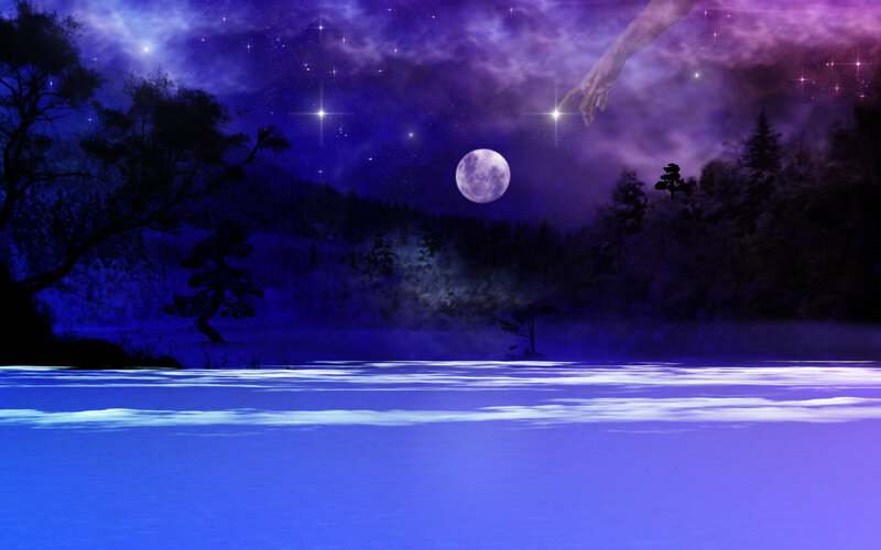 Hand Reaching Toward Moon — Blue