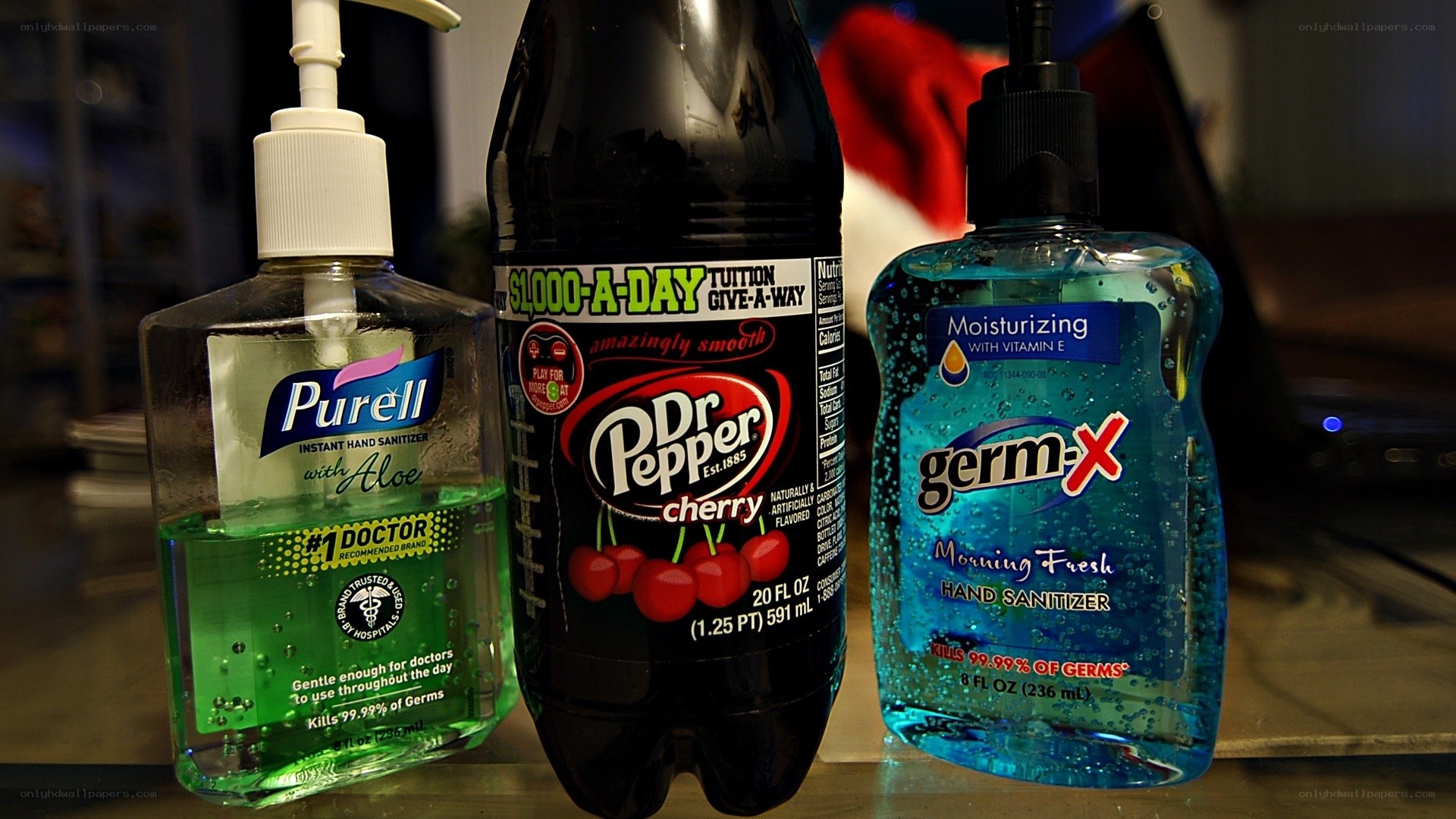 Hand sanitizers and soda bottle