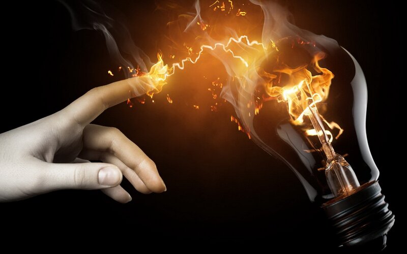 Hand Touching Light Bulb — Black, Dramatic, Digital Art, Light Bulb, Fire, Finger